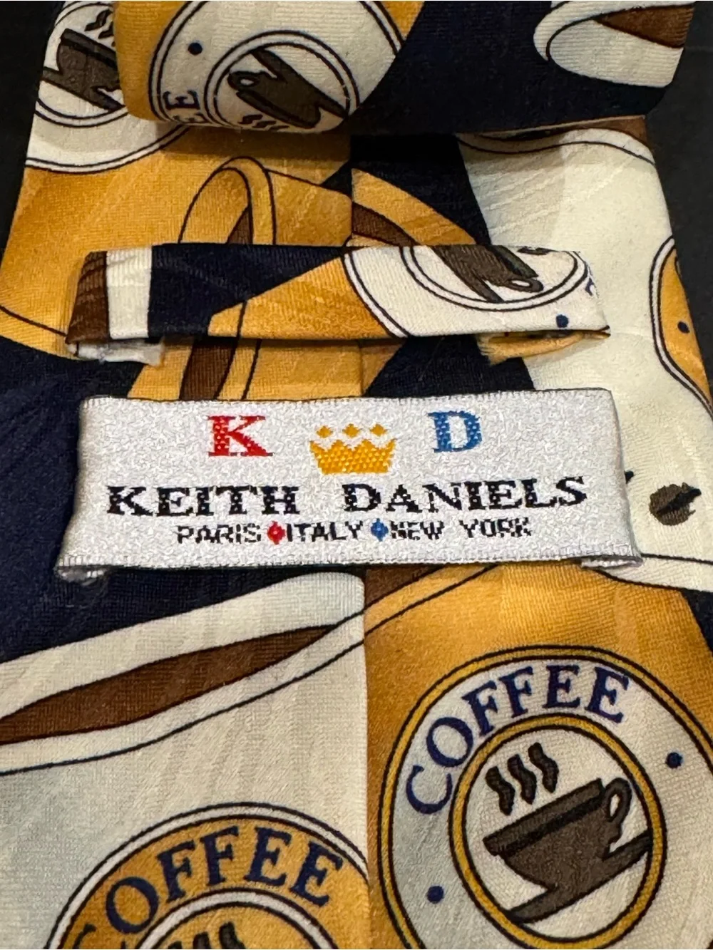 Keith Daniel’s Men's Coffee Cup Fun Print Neck Tie in Navy and Yellow